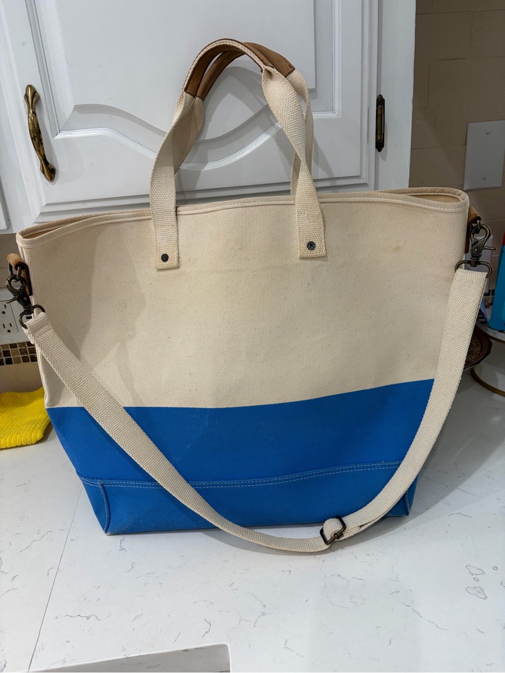 LL Bean Boat Tote Large Bag Leather Accents white & Blue Canvas Bottom PreOwned